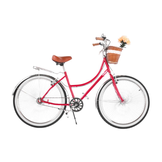 Bicicleta retro 144 Rayos Cardenal Cromado roja con canasta de mimbre, flores y salpicaderas cromadas, vista lateral