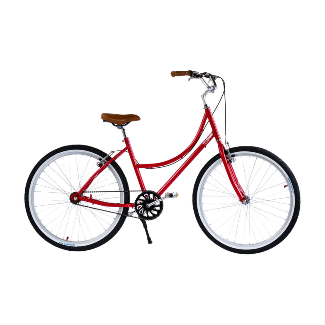 Bicicleta retro 144 Rayos Cardenal S/A roja de cuadro bajo con asiento café y llantas blancas, vista lateral