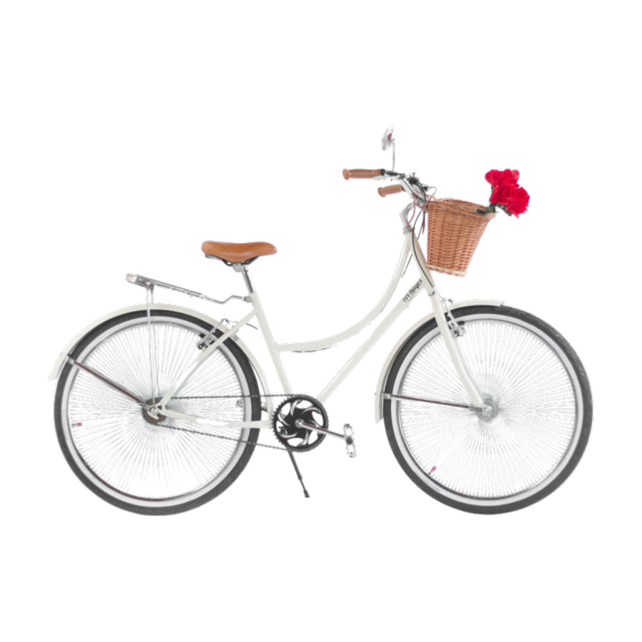 Bicicleta retro 144 Rayos Cisne Blanco color beige con canasta de mimbre, flores rojas y asiento café, vista lateral