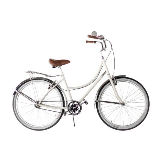 Bicicleta retro 144 Rayos Cisne Blanco Cromado color beige con salpicaderas cromadas, parrilla y asiento café, vista lateral