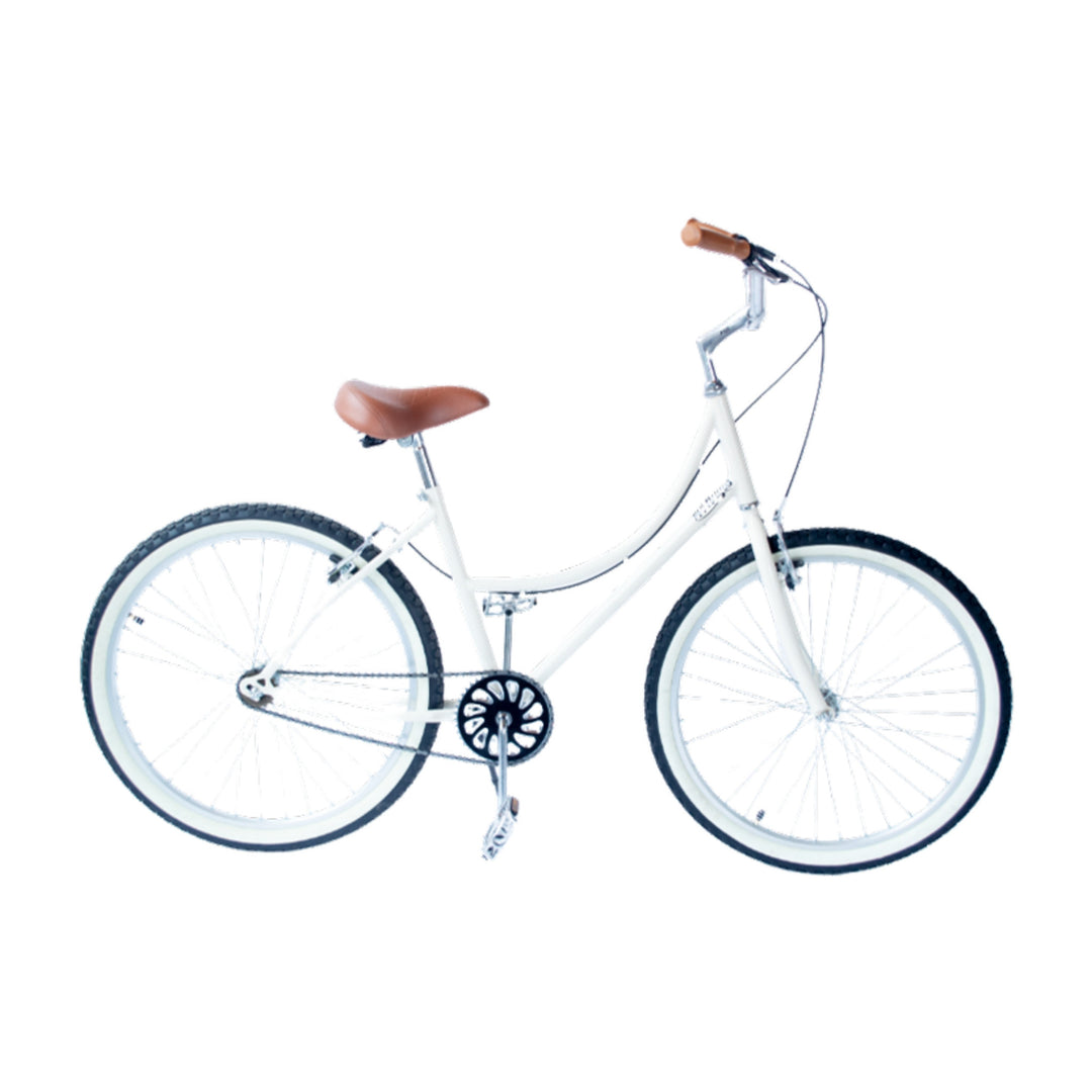Bicicleta retro 144 Rayos Cisne Blanco S/A color crema de cuadro bajo con asiento café, vista lateral