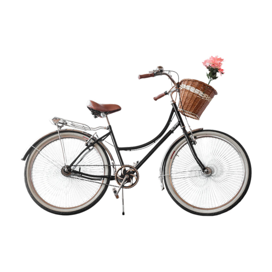 Bicicleta retro 144 Rayos Cisne Negro Cromado 144 con canasta de mimbre, flores rosas y salpicaderas cromadas, vista lateral