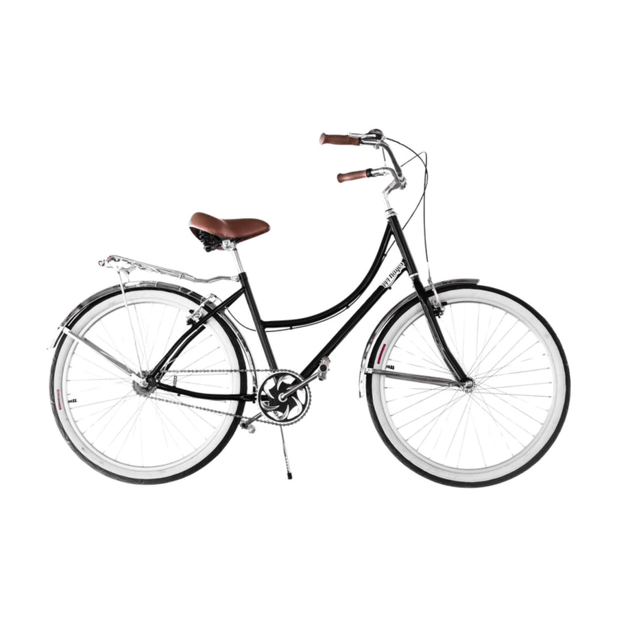 Bicicleta retro 144 Rayos Cisne Negro Cromado con salpicaderas cromadas, parrilla y asiento café, vista lateral