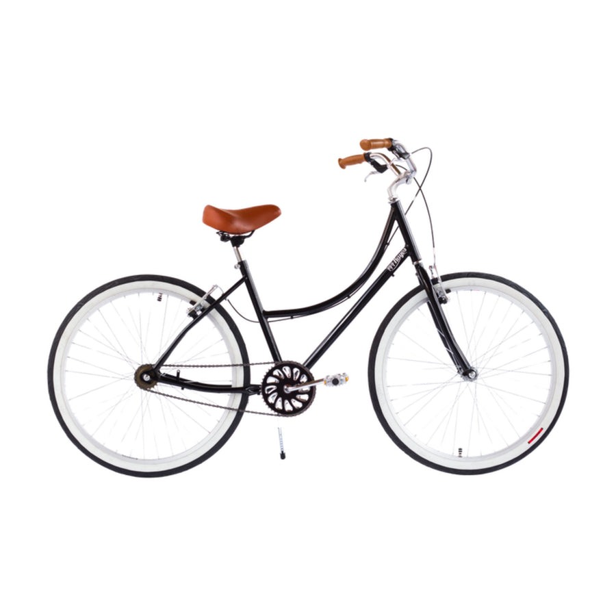 Bicicleta retro 144 Rayos Cisne Negro de cuadro bajo con asiento café y llantas blancas, vista lateral