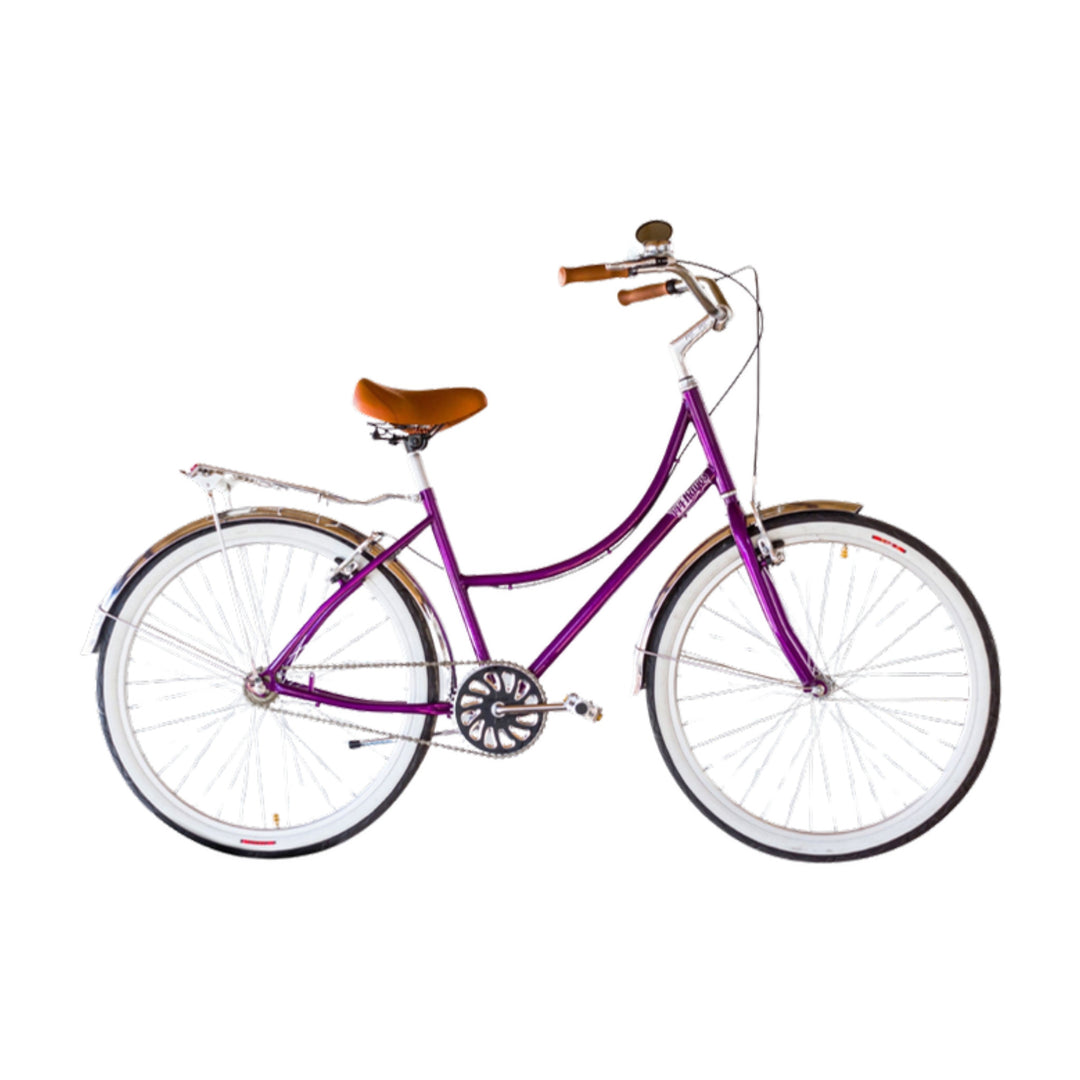 Bicicleta retro 144 Rayos Colibrí Cromado 36 morada con salpicaderas cromadas, parrilla y asiento café, vista lateral