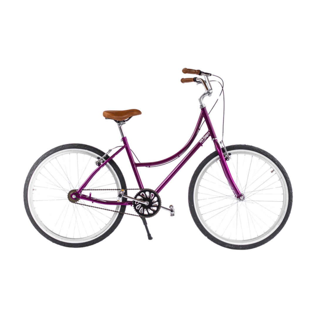 Bicicleta retro 144 Rayos Colibrí S/A morada de cuadro bajo con asiento café y llantas blancas, vista lateral
