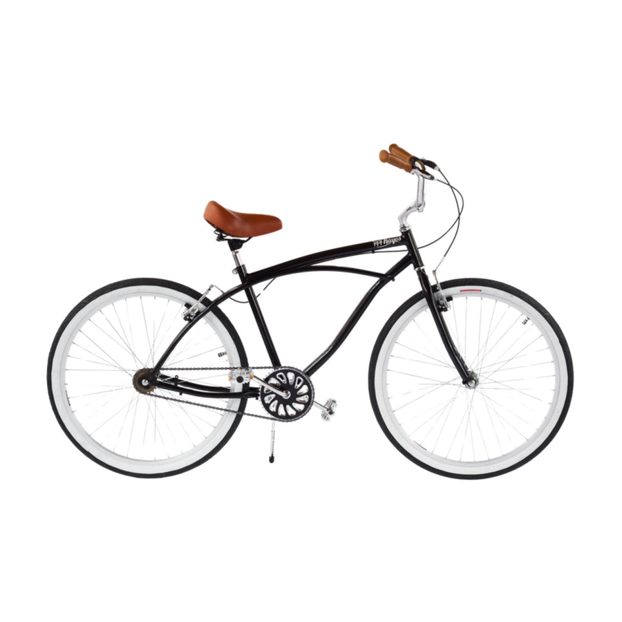 Bicicleta retro 144 Rayos Cuervo S/A negra tipo cruiser con asiento café y llantas blancas, vista lateral