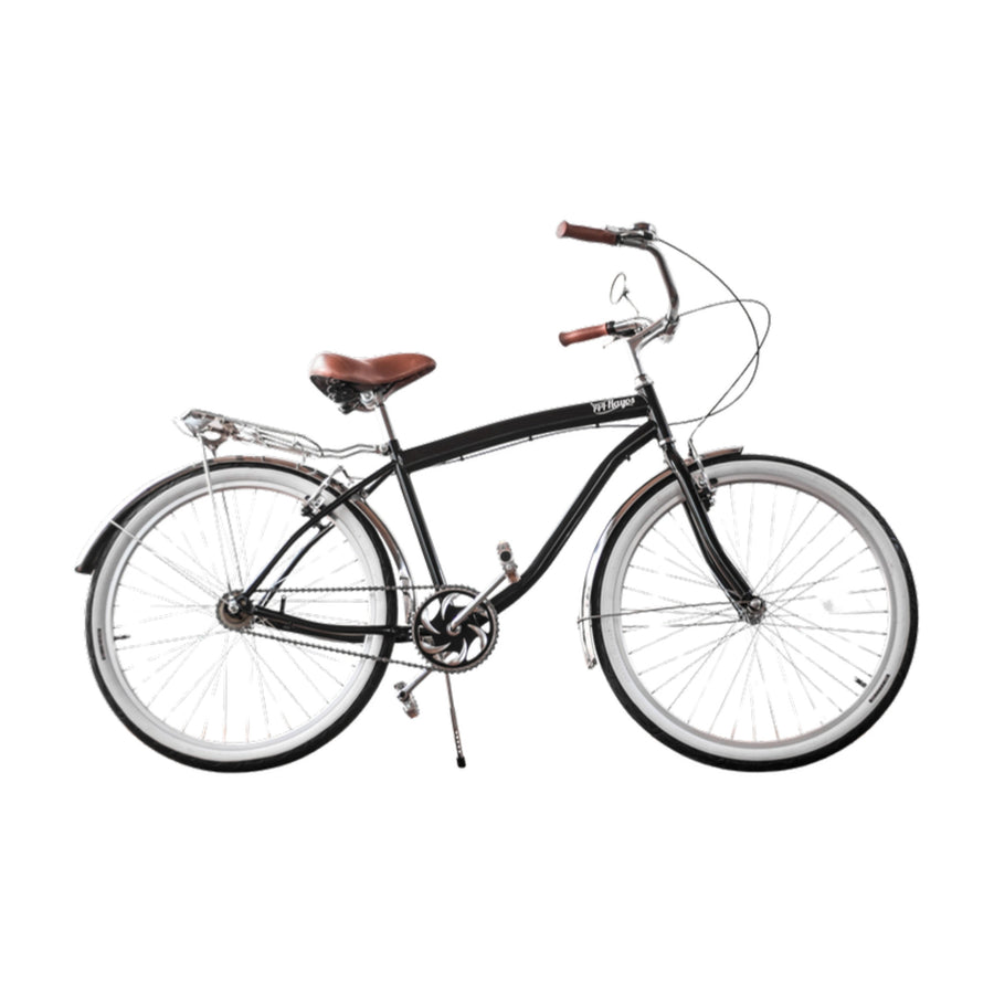 Bicicleta retro 144 Rayos Zopilote Cromado negra con salpicaderas cromadas, parrilla y asiento café, vista lateral